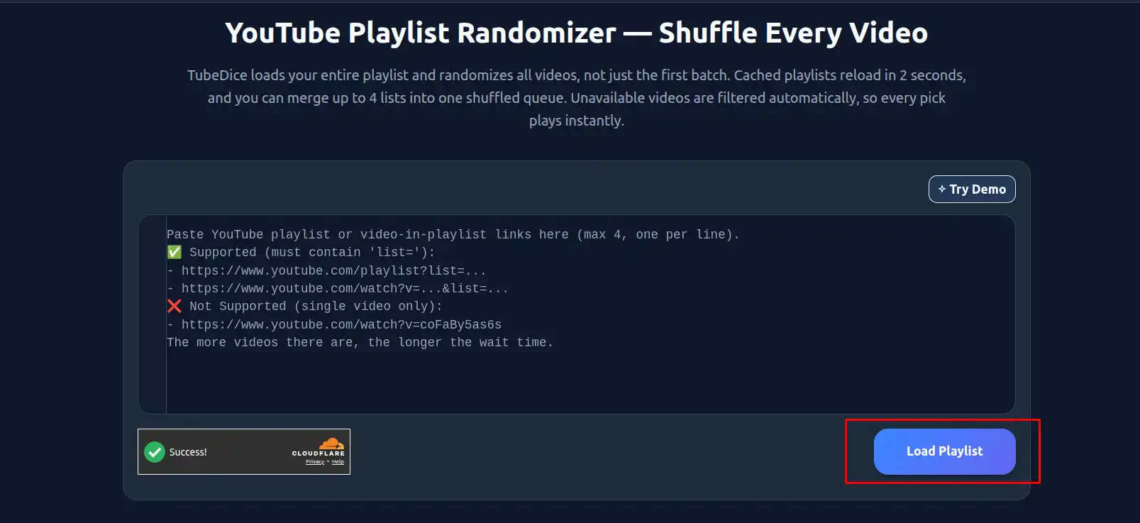 A mouse cursor hovering over the Load Playlist button on the web page, ready to fetch and process the YouTube playlist data.
